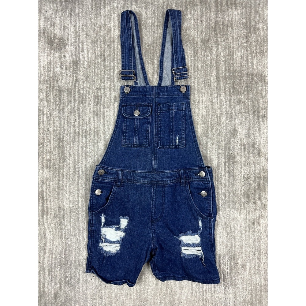 No Boundaries Shortalls Womens S 3-5 Blue Denim Distressed Adjustable Straps